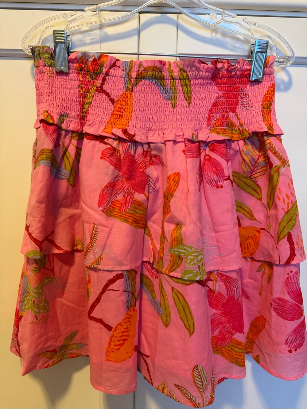 J.Marie Girls Smocked Waist Pink Parrot Floral Tiered Skater Skirt- NWT